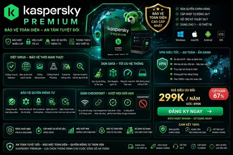 Ảnh Kaspersky Premium + VPN Diệt Virus Dọn data + Bảo Vệ quyền Riêng tư + giảm checkpoint trên 1 máy - Key Premium có VPN |1 thiết bị 1 năm